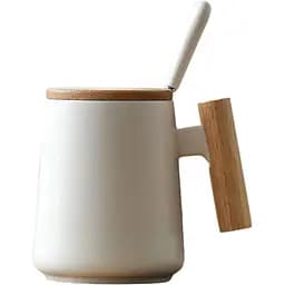 Кухоль керамічний OldBro з дерев'яною ручкою кришкою та ложкою 480 мл white
