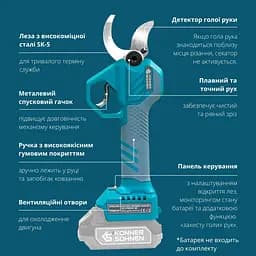 Konner & Sohnen Секатор акумуляторний Konner&Sohnen KS CPS20V-40 20В d 20-40мм 1.0кг без АКБ та ЗП - мініатюра 6