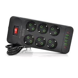Мережевий фільтр F33U, 6 розеток EU + 4 USB + 2 PD, кнопка включення з індикатором, 2 м, 3х0,75 мм, 2500W, Black, Box