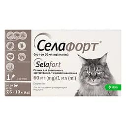 Краплі на холку KRKA Селафорт від зовнішніх і внутрішніх паразитів для котів вагою 7,6-10 кг №1, 1 шт.