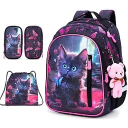 Ортопедичний рюкзак 3 в 1 з пеналом та мішком для дівчинки School Standard 375 гр 17 літрів Чорний з рожевим