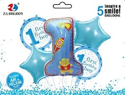 Набір фольгованих куль First Birthday-Boy, 5 шт. (1 шт. 80 см + 4 шт. 45 см)