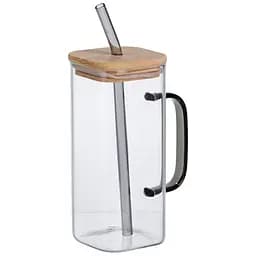 Чашка стеклянная 400 мл с бамбуковой крышкой и стеклянной трубочкой Yiwu HP-19-146
