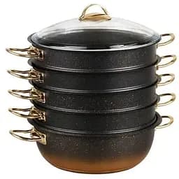 Мантоварка-пароварка OMS Collection 6091-C 28 см 5.8 л с гранитным покрытием 6 предметов черно-золотая