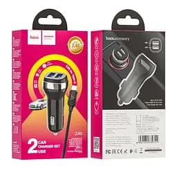 Адаптер автомобільний HOCO Type-C Cable Superior dual port car charger set Z40 зарядний чорний - мініатюра 2