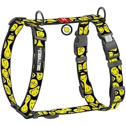 Шлейка для собак Waudog Nylon анатомическая H-образная с QR-паспортом, рисунок "Смайлики на черном", пластиковый фастекс, S