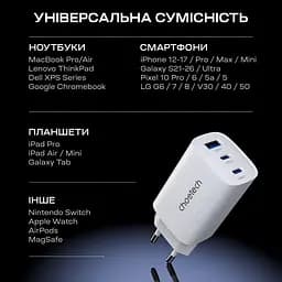 Мережевий зарядний пристрій Choetech PD9006 PD65W GAN USB-A+2xUSB-C White (43-00171) - мініатюра 7