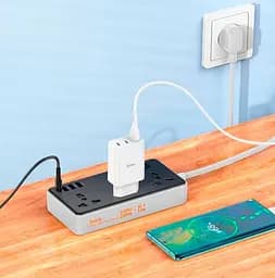 Сетевой фильтр удлинитель HOCO AC7-A 3 розетки + 3 USB+USB-C, 17W, 220В, кабель 1,5м, Black-White - мініатюра 4
