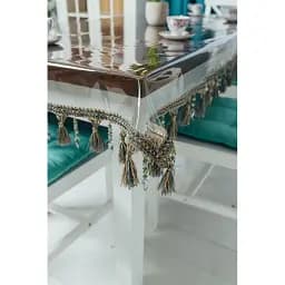 Скатертина силіконова із сіро-бежевою бахромою 390х200 см