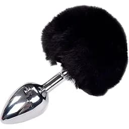 Металлическая анальная пробка Кроличий хвостик Alive Fluffy Plug M Black диаметр 3.4 см