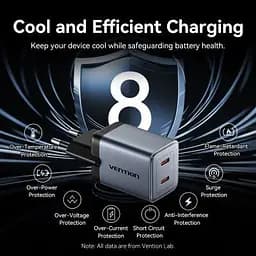 Зарядний пристрій Vention 2xUSB-C PD45W GaN gray (FCDH0-EU) - мініатюра 9