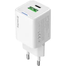 Мережевий зарядний пристрій ColorWay, білий, 20 Вт, GaN Mini, 1xType-C (20 Вт, PD3.0) / 1xUSB (20 Вт, QC4.0), Auto ID, кабель
