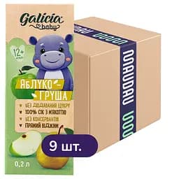 Упаковка натурального яблочно-грушевого сока Galicia Baby с мякотью 1.8 л (0.2 л x 9 шт.)