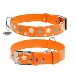 Ошейник для собак кожаный Waudog Glamour с QR-паспортом узор "Звездочка" светонакопительный/светоотражающий M Ш 20 мм,