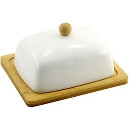 Масленка фарфоровая Interos с бамбуковой подставкой 16 см белая (PJ03430)