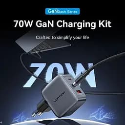 Зарядний пристрій Vention 2xUSB-C PD70W + 1xUSB QC3.0 22.5W GaN + cable USB-C to USB-C 1.0m black gray (TZ-FEXH0-EU) - мініатюра 4