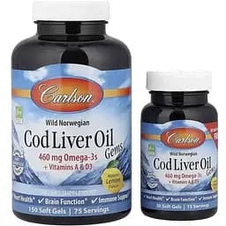 Жир з печінки тріски Carlson Cod Liver Oil Lemon смак лимона 150+30 желатинових капсул