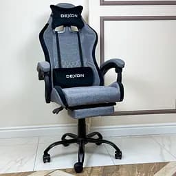 Геймерське крісло DEXON ORION X з підставкою для ніг, з тканини+подушки велюр, металева хрестовина, Сірий - мініатюра 2