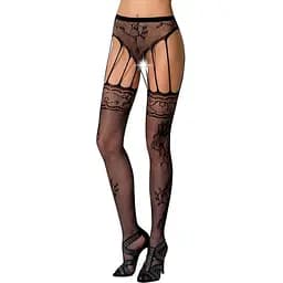 Еротичні колготки-бодістокінг Passion S016 black імітація ажурних з доступом трусиків та панчох S/M/L