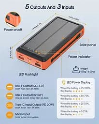 Зарядний пристрій на сонячних батареях Powerbank 619S 20000mAh із ліхтариком та швидкою зарядкою - мініатюра 2