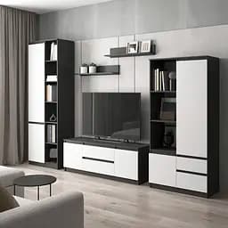 Комплект меблів у вітальню VAYS шафа R-26, шафа R-27, тумба R-28, полиці М-22, антрацит-білий фасад