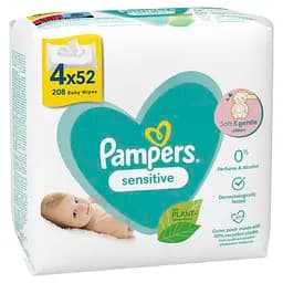 Уцінка. Дитячі вологі серветки Pampers Sensitive, 208 шт. (4 упаковки по 52 шт.) - мініатюра 2