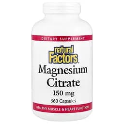 Цитрат магнію Natural Factors Magnesium Citrate 150 mg, 360 капсул для підтримки м'язів та нервової системи