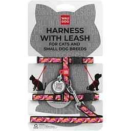 Шлея с поводком для кошек и мелких пород собак Waudog Nylon Бананы на розовом с QR паспортом XS 25-40x20-30x1/122 см