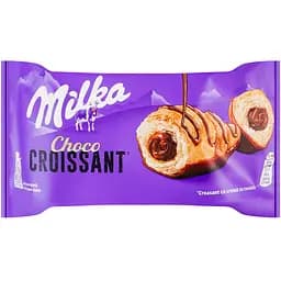 Круасан Milka с начинкой с молочным шоколадом, снизу глазированный молочным шоколадом и сверху декорированный молочным шоколадом, 50г