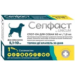 Краплі на холку для собак Unicum Селфаст від бліх, кліщів та гельмінтів 5.1-10 кг 60 мг/1 мл