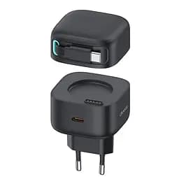 Сетевое зарядное устройство Usams US-CC202 PD35W Dual 2C Output GaN Fast Charger With Type-C Magnetic Retractable Cable Module (EU) Черный