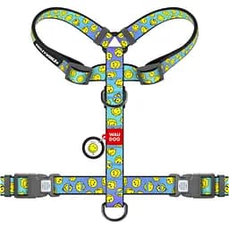 Шлея для собак Waudog Nylon анатомічна H-подібна з QR-паспортом розмір S 1.5х30-45х36-45 см смайли на блакитному - мініатюра 2