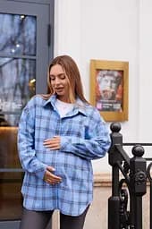 Женская рубашка для беременных стиля oversize в клетку для будущих мам Siena L - XL (46 - 48) Lullababe голубой
