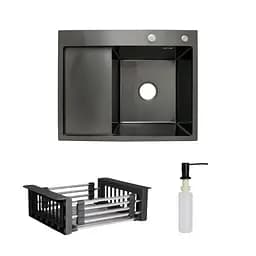 Кухонна мийка Lidz Handmade H6350BL інтегрована крило зліва BlackPVD у комплекті з дозатором та корзиною, Чорний
