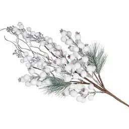 Декоративная искусственная ветка с хвоей и белыми заснеженными ягодами для новогоднего и зимнего декора 62 см