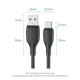 Кабель Vention USB 2.0 A Male to C Male 3A Cable 1M Black Flexible PVC Type (CWABF) - мініатюра 3