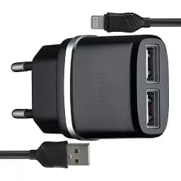 Мережевий зарядний пристрій Hoco C12 Smart dual USB charger set with Lightning cable ( EU ) 2USB 2.4A Чорний