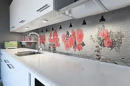 Кухонний фартух Червоні квіти вінілова наклейка ПВХ під цеглу 3Д Сірий 60х200 см Happy Pocket Z180659 - мініатюра 6