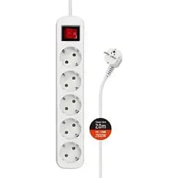 Фильтр сетевой ColorWay, 5 розеток, 2 м, белый, 10А, до 2.5 кВт, заземление, выключатель, 3x1 мм² (CW-PSEA52W)
