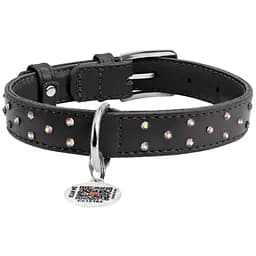 Ошейник для собак Waudog Glamour, кожаный, со стразами, с QR паспортом, XL, 38-49х2 см, черный