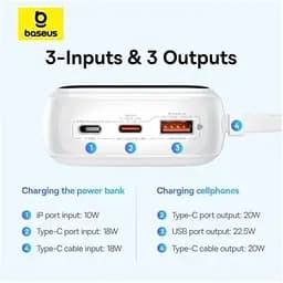 Зовнішній акумулятор Baseus Qpow Pro+ 20000mAh 22.5W із вбудованим кабелем USB-C білий P10067103213-00 - мініатюра 7