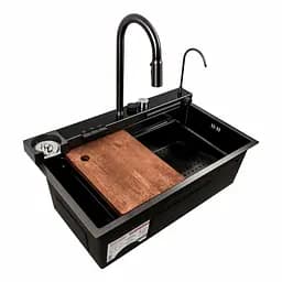 Кухонна мийка 75x45D PVD чорна Platinum Handmade Водоспад декор, Decor