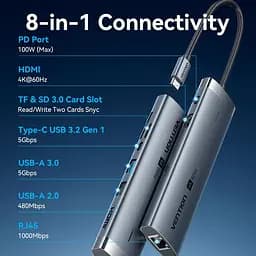 Док-станція USB3.2 Type-C --> HDMI 60Hz/USB 3.0/USB2.0/RJ45/SD/TF/PD 100W Hub 8-in-1 Vention - мініатюра 4
