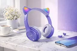 Бездротові навушники з котячими вушками та LED-підсвічуванням Cat Ear Y47 LED, Bluetooth навушники з мікрофоном Бузковий