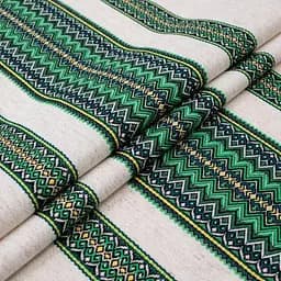 Лляна тканина з українським орнаментом "Рандеву зелений" (від 1 м)