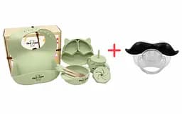 Набір силіконового дитячого посуду Cheeks для прикорму на присосках із харчового силікону оливковий + Силіконова соска пустушка ортодонтична вуса для новонароджених англійські