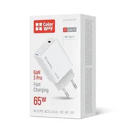 Мережевий зарядний пристрій ColorWay GaN Mini 65W PD Port PPS USB-C White (CW-CHS049PD-WT)