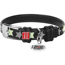 Ошейник для собак Waudog Glamour Звездочка, кожаный, светоотражающий, светонакапливающий, с QR паспортом, L, 38-49х2,5 см, черный