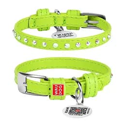 Ошейник для собак кожаный Waudog Glamour с QR-паспортом с клеевыми стразами Ш 9 мм Д 19-25 см салатовый