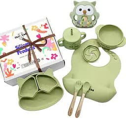 Набір силіконового дитячого посуду Cheeks для прикорму на присосках із харчового силікону оливковий з гризунком прорізувачем-брязкальцем